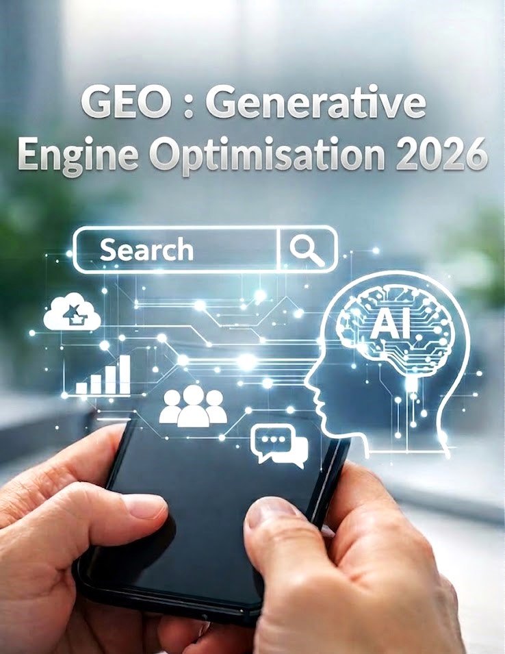 Une illustration sur le GEO (Generative Engine Optimisation) montrant des mains tenant un smartphone d'où émergent des icônes de recherche, de données et un profil humain avec un cerveau connecté à l'intelligence artificielle. Le texte en haut indique "GEO : Generative Engine Optimisation 2026", expliquant comment apparaitre dans les moteurs IA en 2026.