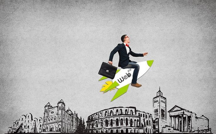 Homme d'affaires sur une fusée Web illustrant les services d'une agence web en Tunisie spécialisée en marketing digital et création de sites web.